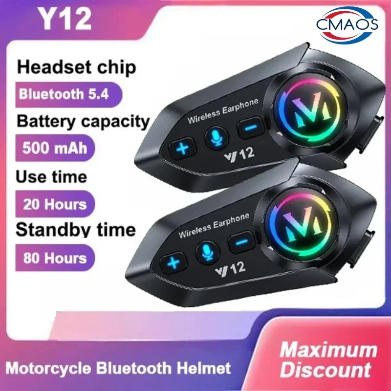 Y12 Bluetooth 5.4 Motorcycle Helmet Headset Stereo Voice Control Hands Free Call Waterproof 500mAh With Ambient Light