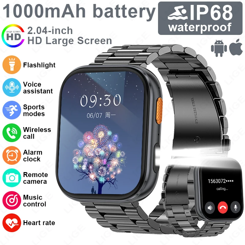 

LIGE New Military Outdoor 1000mAh Smart Watch Men 5ATM Flashlight 2.04"HD Screen Bluetooth Call Sport Fitness Smart Watches 2026