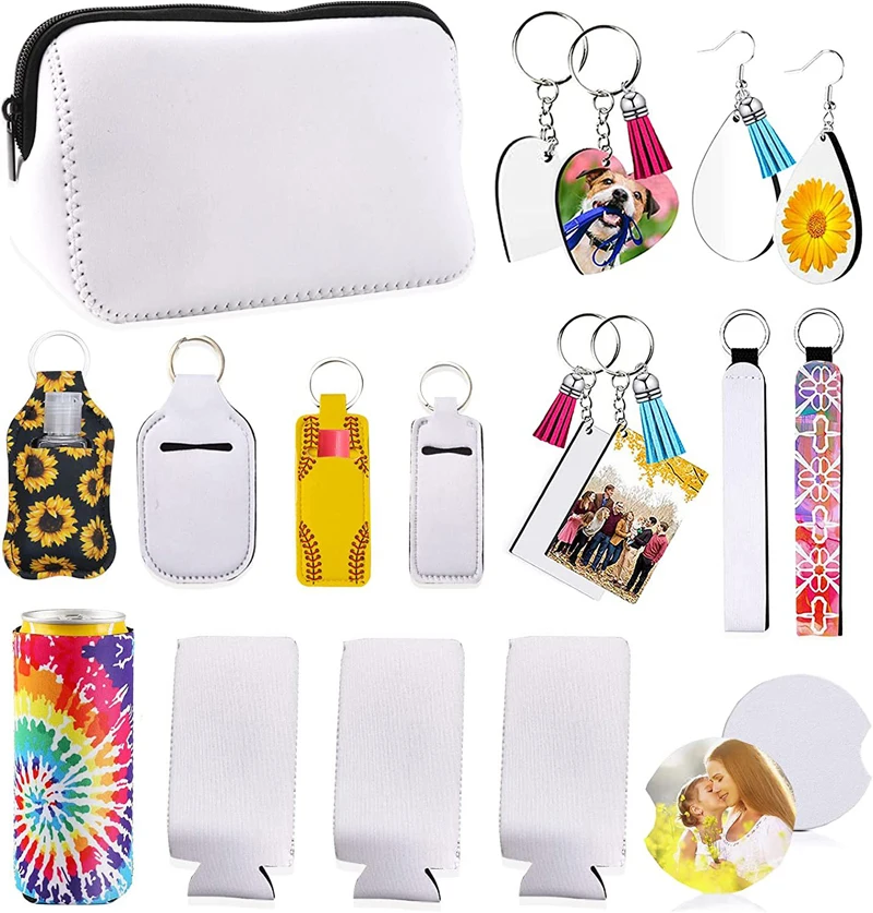 

23pcs Cosmetic Bags Sublimation DIY White Blank Neoprene Wrist Strap MDF Keychain Sets