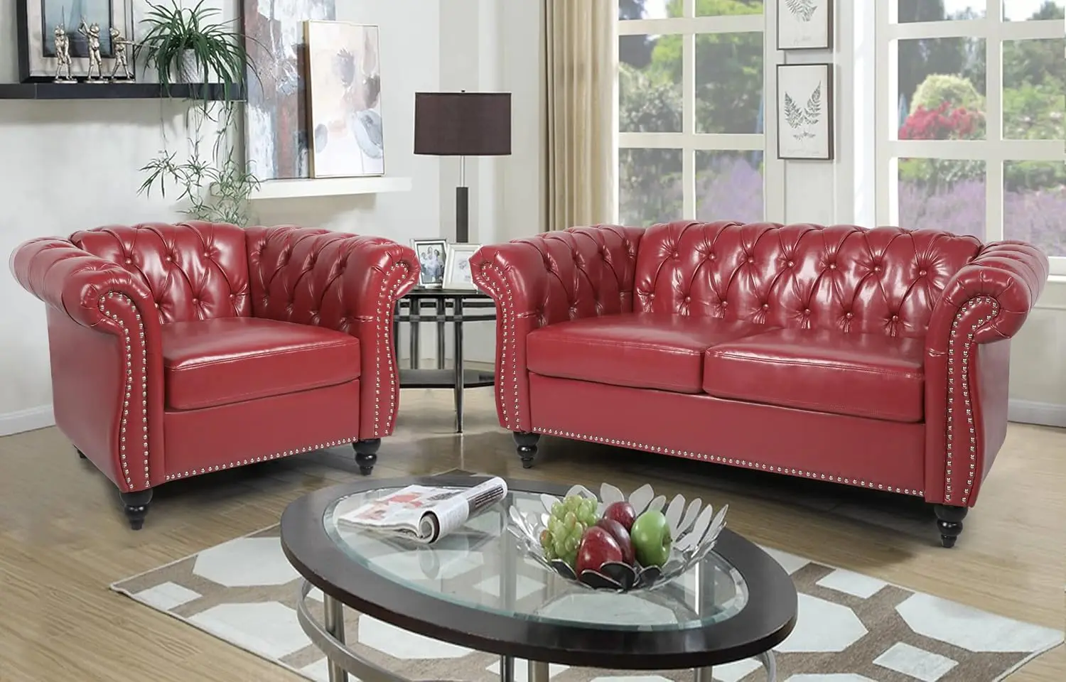 

2-Pieces of Living Room Furniture Sofa Sets Modern Contemporary Tufted Button Faux Leather Accent Club Chair Burgundy