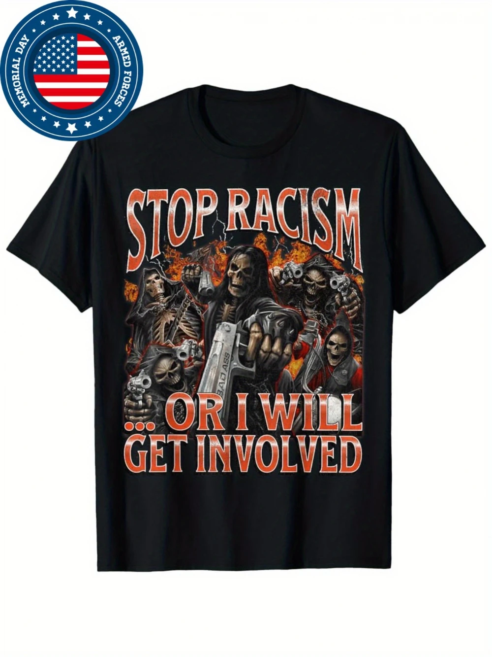 Men'S Stop Racism or I Get Involved Funny Hard Skeleton Meme T-Shirt Retro Graphic Tee American Flag Design Black Short Sleeve