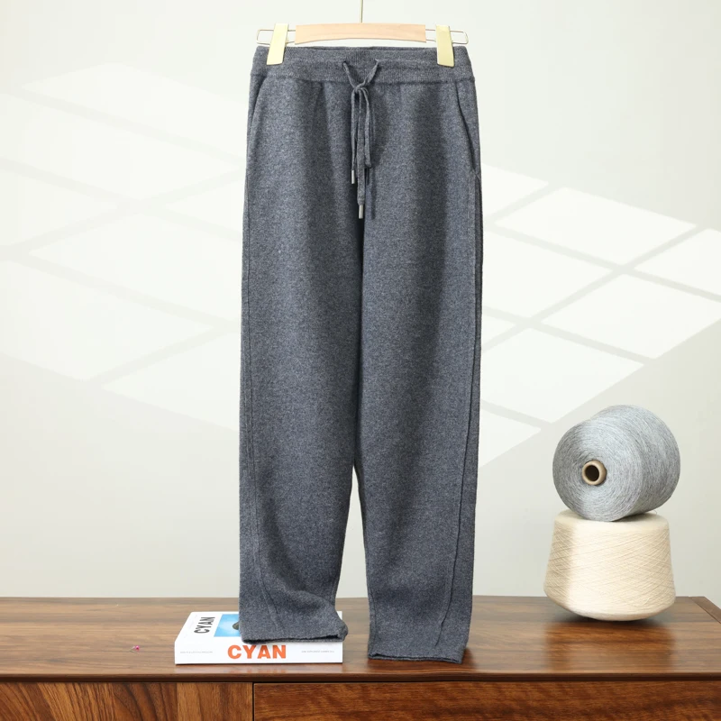 

2025 Thick Elastic Waist Casual Pants 100% Cashmere Sports Warm Long Pants Men Autumn Winter Comfortable Fashion Knitted Pants