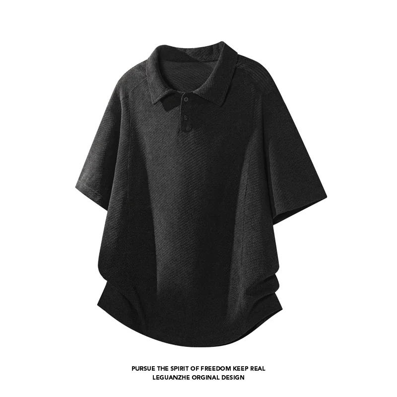 Men Waffle Knit Short Sleeve Polo Shirt Lapel Collar Two Button Placket Side Seam Detail Loose Fit Casual Pullover Top