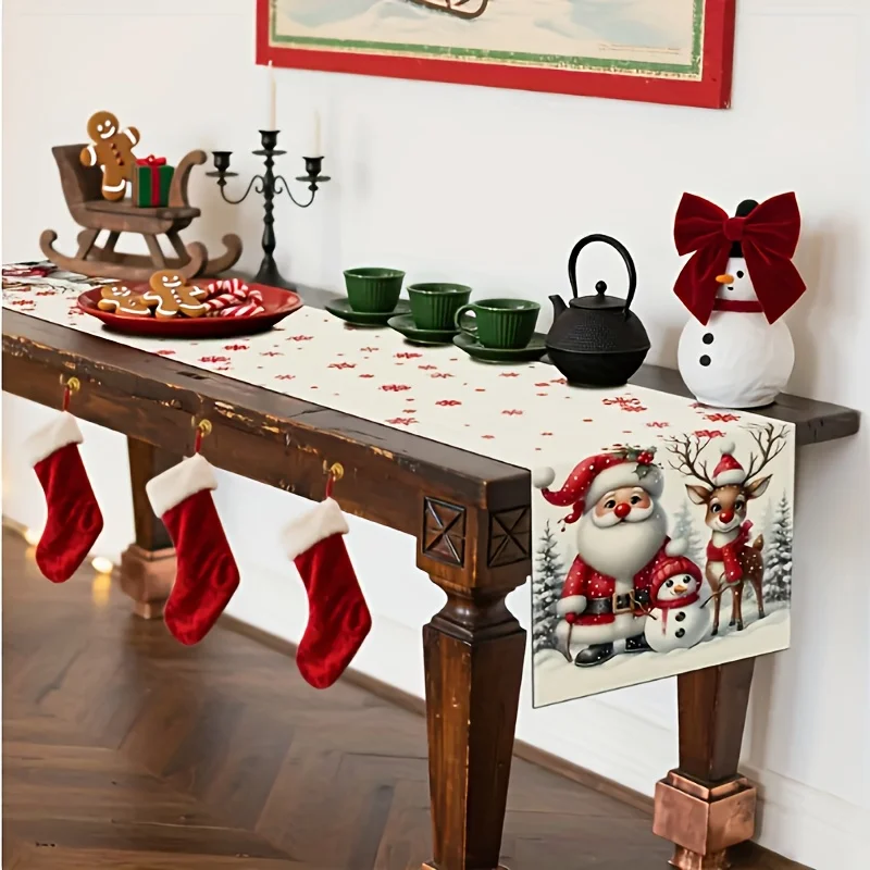 1pc Linen Christmas Table Runner, Red Snowflake Pine Tree Santa Claus Reindeer Snowman Design, Holiday Table Decor for Dining Ta
