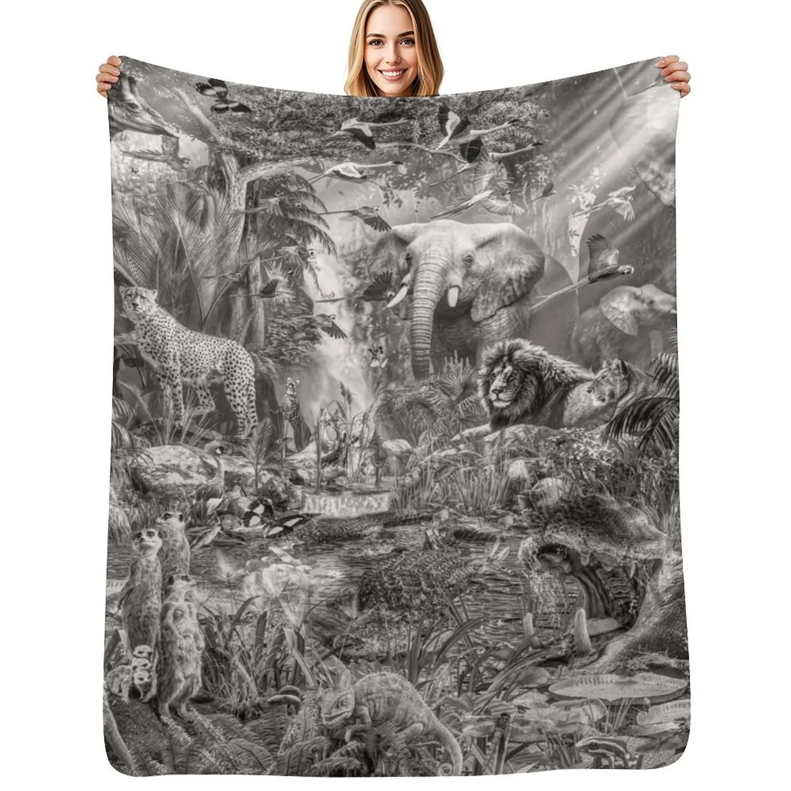 

Into the Jungle Monochrome, Throw Blanket Soft Warm Blanket Gift for Men Women Adults