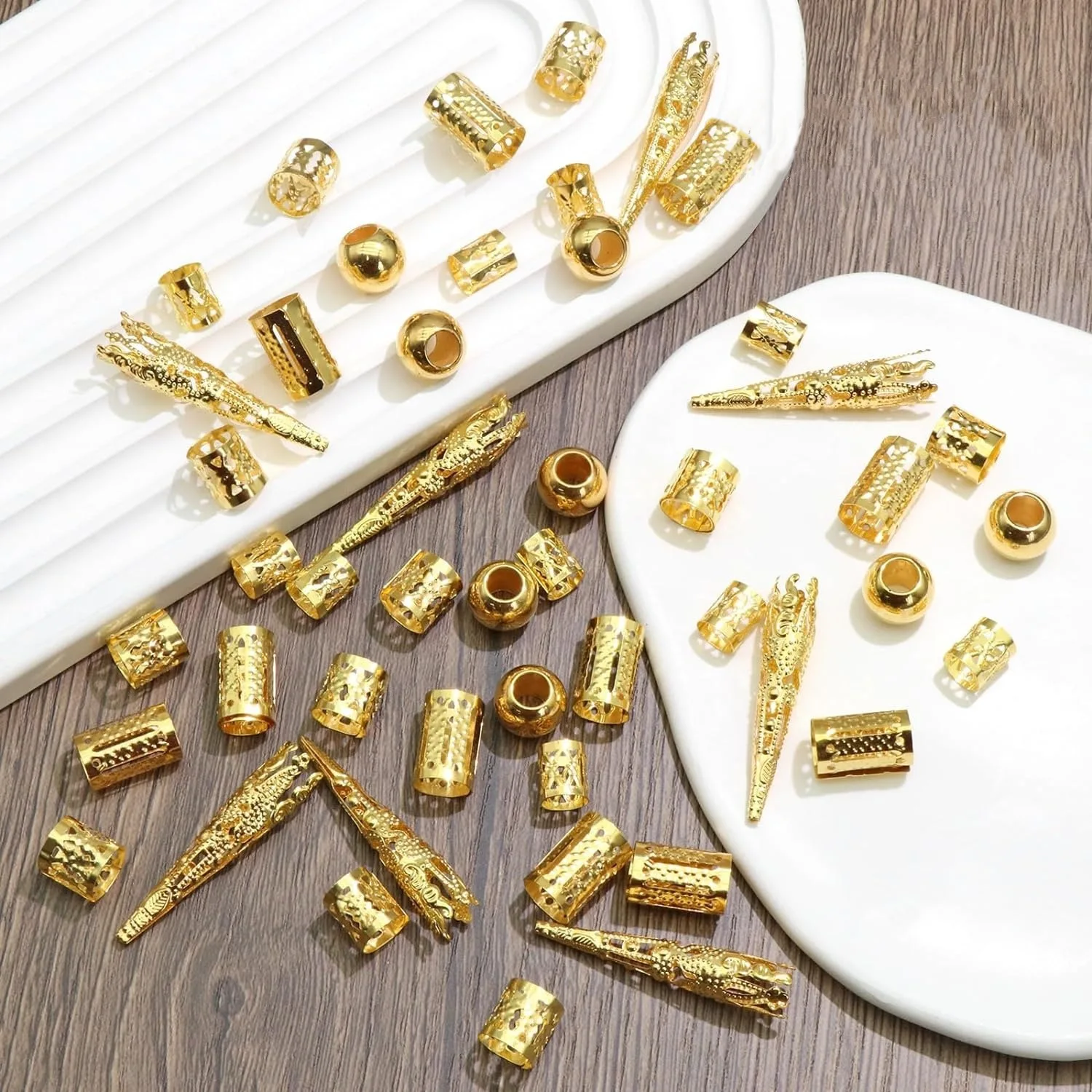 Set di anelli per capelli Dreadlock cavi dorati da 50 pezzi per la decorazione della parrucca |   Accessori per capelli per feste di compleanno