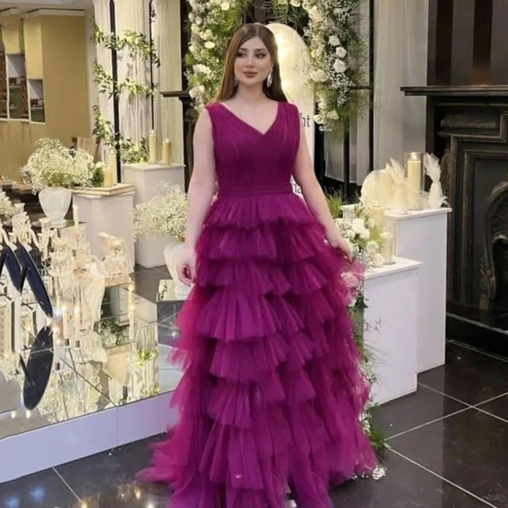 Msikoods V Neck Ball Gown Evening Dresses Ruched Tiered Pleats Wedding Guest Dress Luxury Long Graduation Gown Party Dress