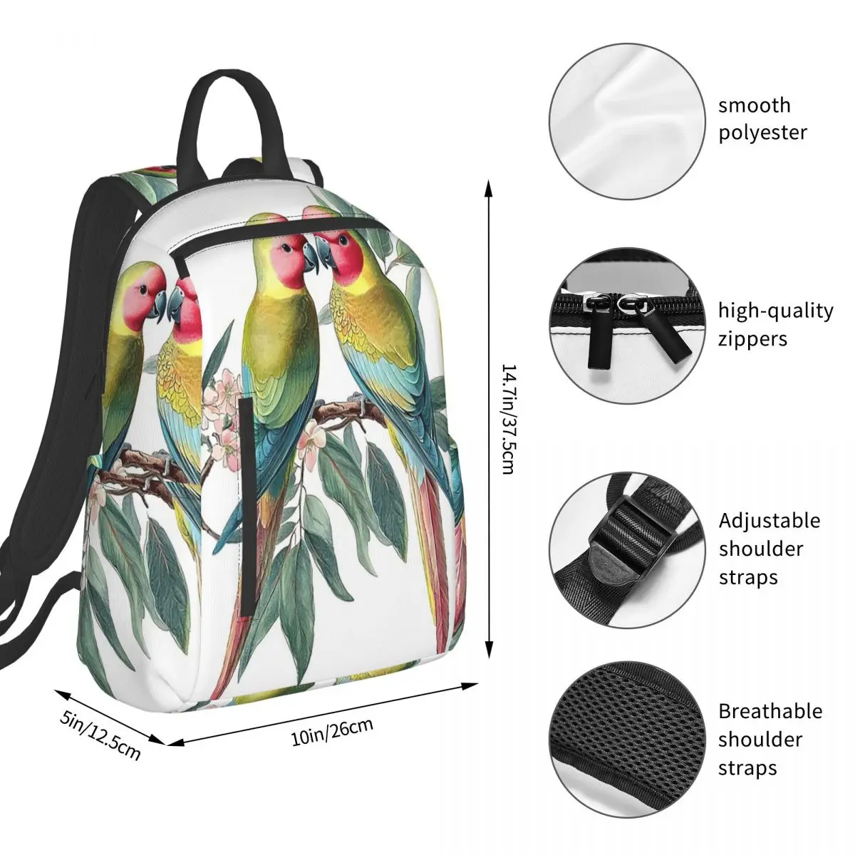 Two Green Parrots Birds And Blooms Flowers Backpack Student BookBag Children School Bag Laptop Shoulder Bags Men Women