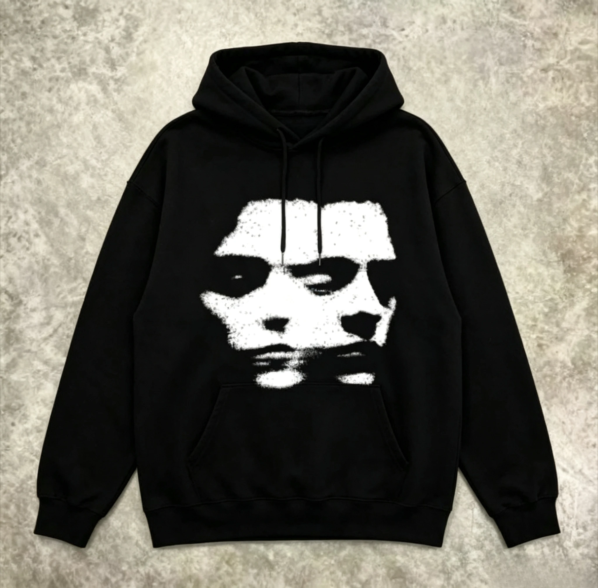Pullover Hoodie Distressed Blurry Face Graphic Print Drawstring Hood Kangaroo Pocket Loose Fit Long Sleeve Black Casl Sweatshirt