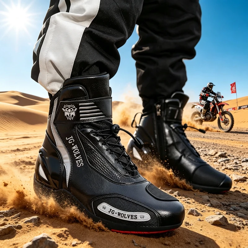 JG-Wolf Anti-Slip Leather Motorcycle Boots Men Women Urban Racing Shoes Long Distance Riding Motocross Protective Footwear