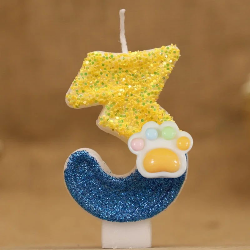 3D-Zahlenkerzen, Kuchendekoration, glitzernde gelbe Klaue, Themennummer, Kerzen, Pfoten, Kuchendekoration, Geburtstagsparty, Kuchendekoration