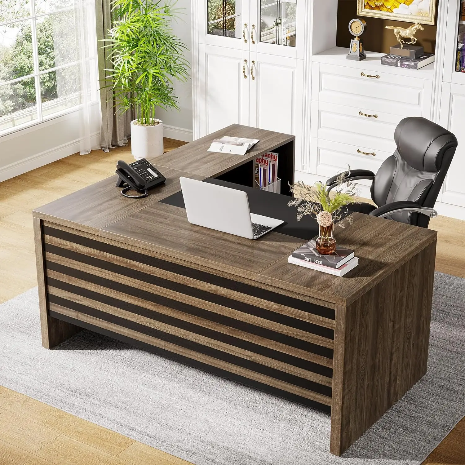 62.2" Executive Desk with Mobile File Cabinet, L-Shaped Office Desk w/ Storage Shelves, Large Computer Desk Business Workstation