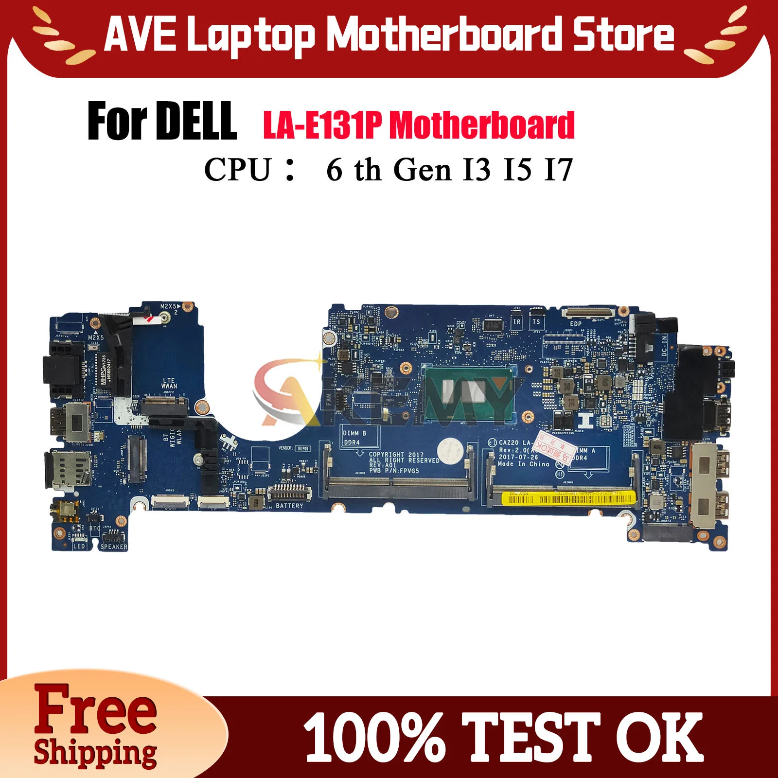 

LA-E131P Laptop Motherboard for Dell Latitude 7480 Notebook, Supports i5 i7 6th/7th Gen CPU 04GTKN 0N480V 0CXWHP 100% Tested OK