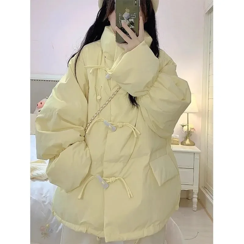 

Winter Parkas Warm Cotton Coat Women New Fashion Horn Buckle Casual Elegant Padded Jacket Female Student Loose Bread Coat T1625