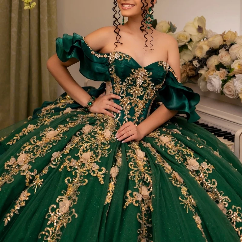 Dark Green Glitter Quinceanera Dresses Off Shoulder Ball Gown Sweet 16 Dress Gold Applique Flower Beads Bow Tull Party Birthday