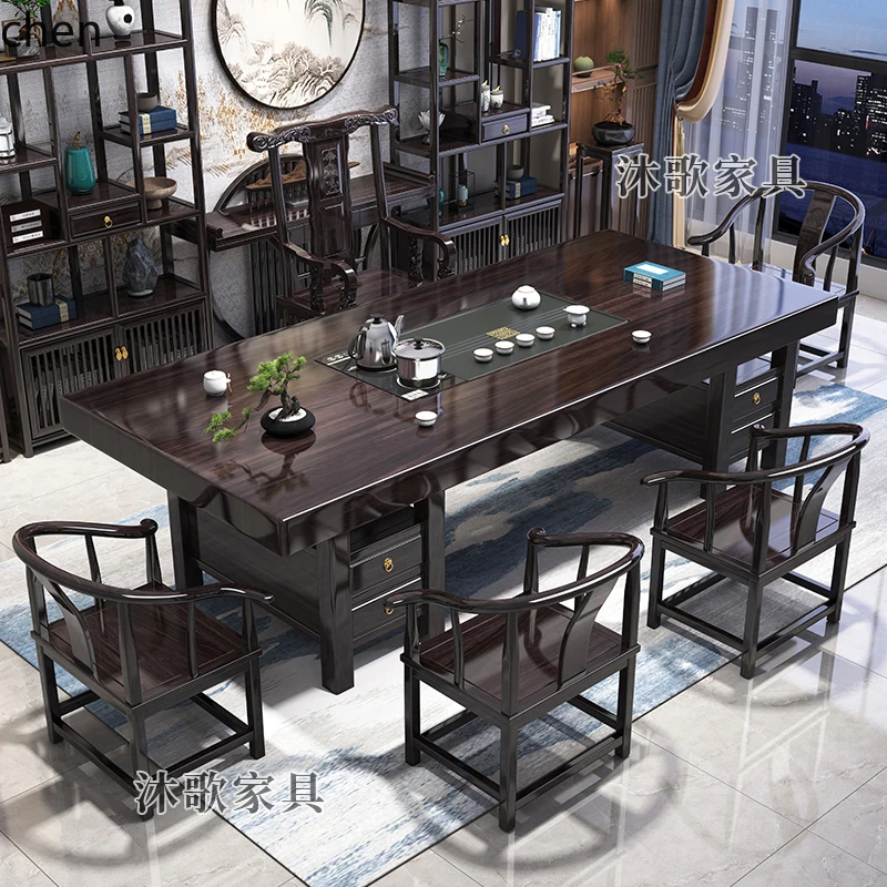 

HXL large board solid wood tea table and chair combination new Chinese log office home kung fu tea table