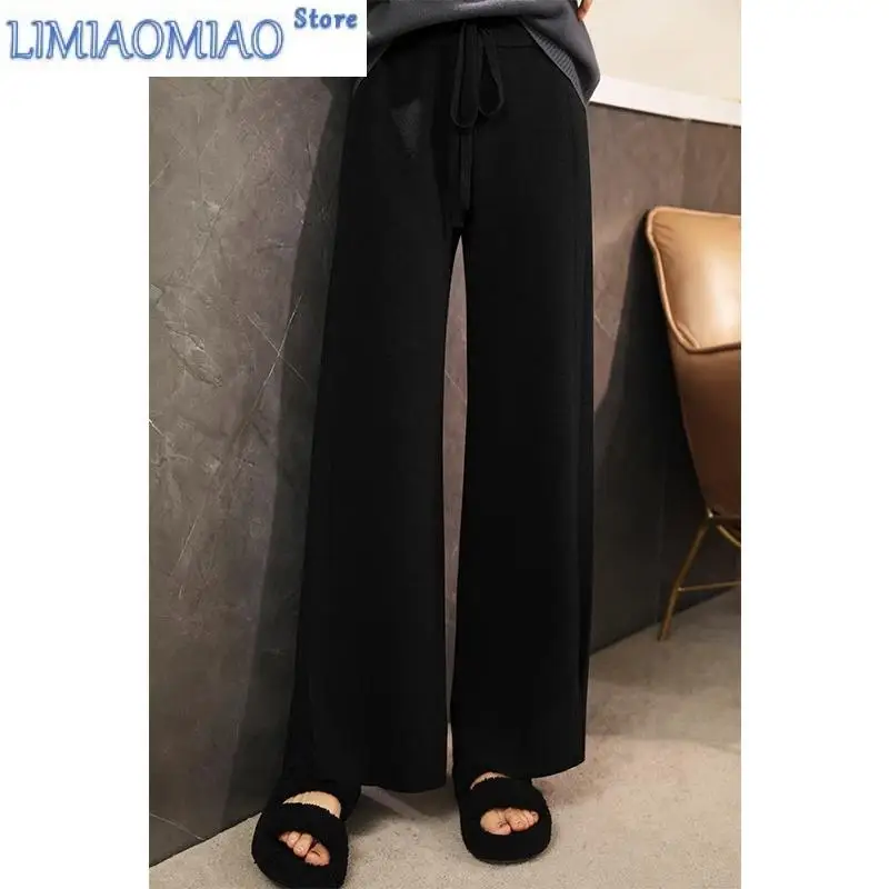 New Women's Slit Knitted Wide Leg Pants High Waist Draped Autumn Winter Extended Floor-Mopping Pants Pants Women