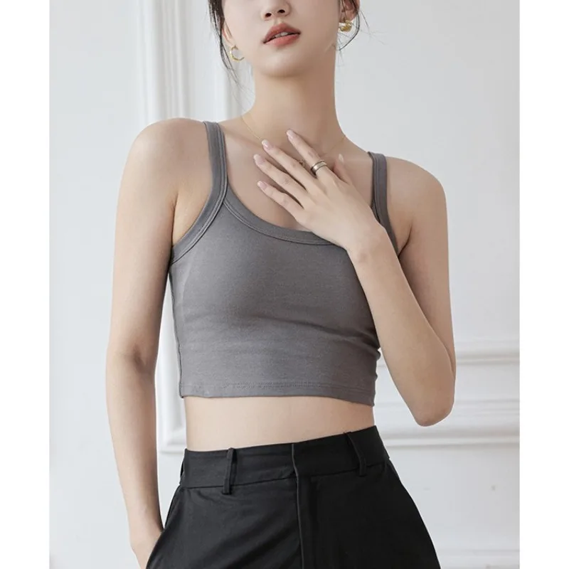 Solid Color Ladies Strappy Cropped Tank Top Women's Tank Top Built-in Padded Cups Worn Alone Layered Skin-friendly Girl Vest Top