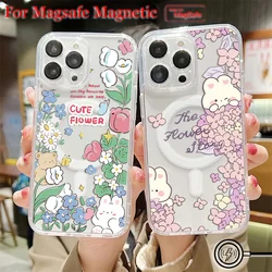 Cute Rabbit Flowers Magsafe Magnetic Phone Case for Samsung Galaxy S25 S24 S23 S22 S21 S20 FE Plus Ultra 5G Soft Clear Tpu Cover