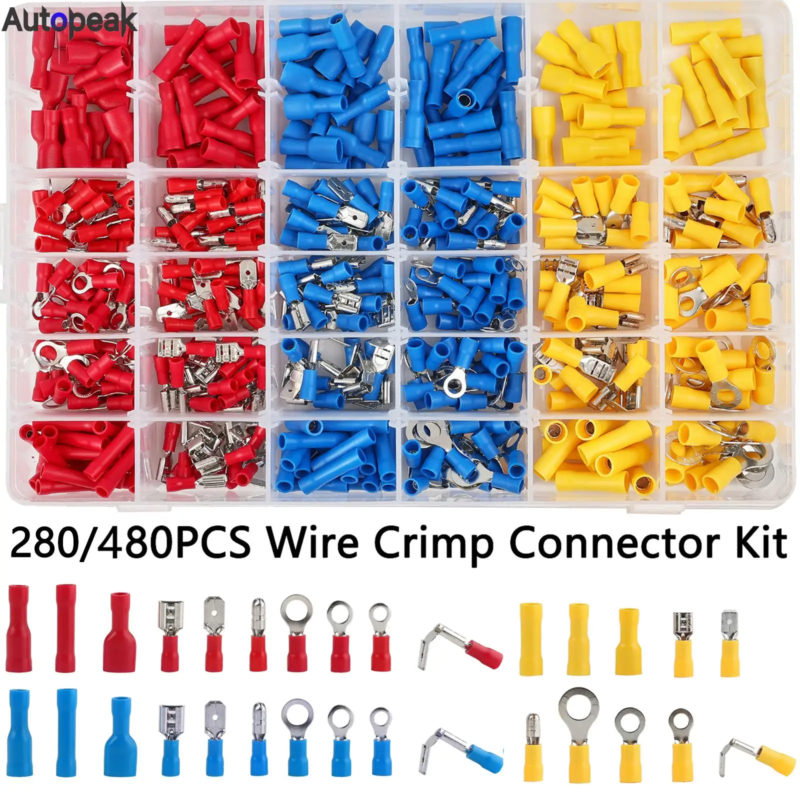 280/480Pcs Assorted Spade Terminals Insulated Cable Connector Electrical Wire Crimp Butt Ring Fork Set Ring Lugs Rolled Kit Box