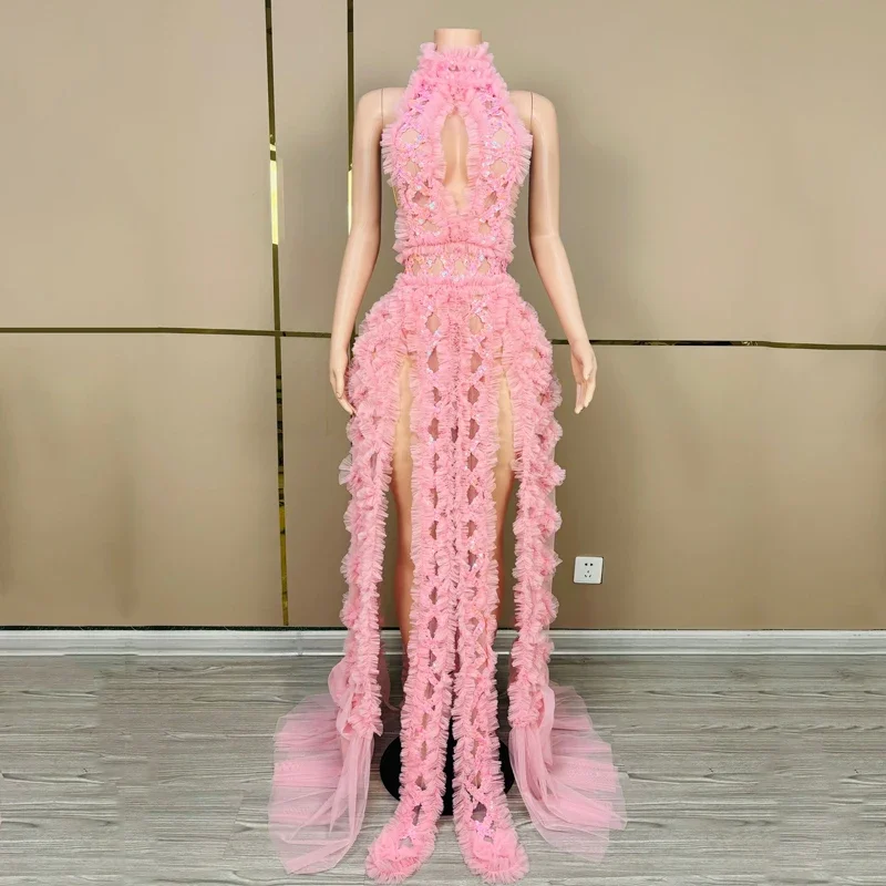 สีชมพูชุดปาร์ตี้เลื่อมเซ็กซี่ Cutout งานแต่งงานฉลองชุดผู้หญิงนักร้องเครื่องแต่งกายชุด Clubwear