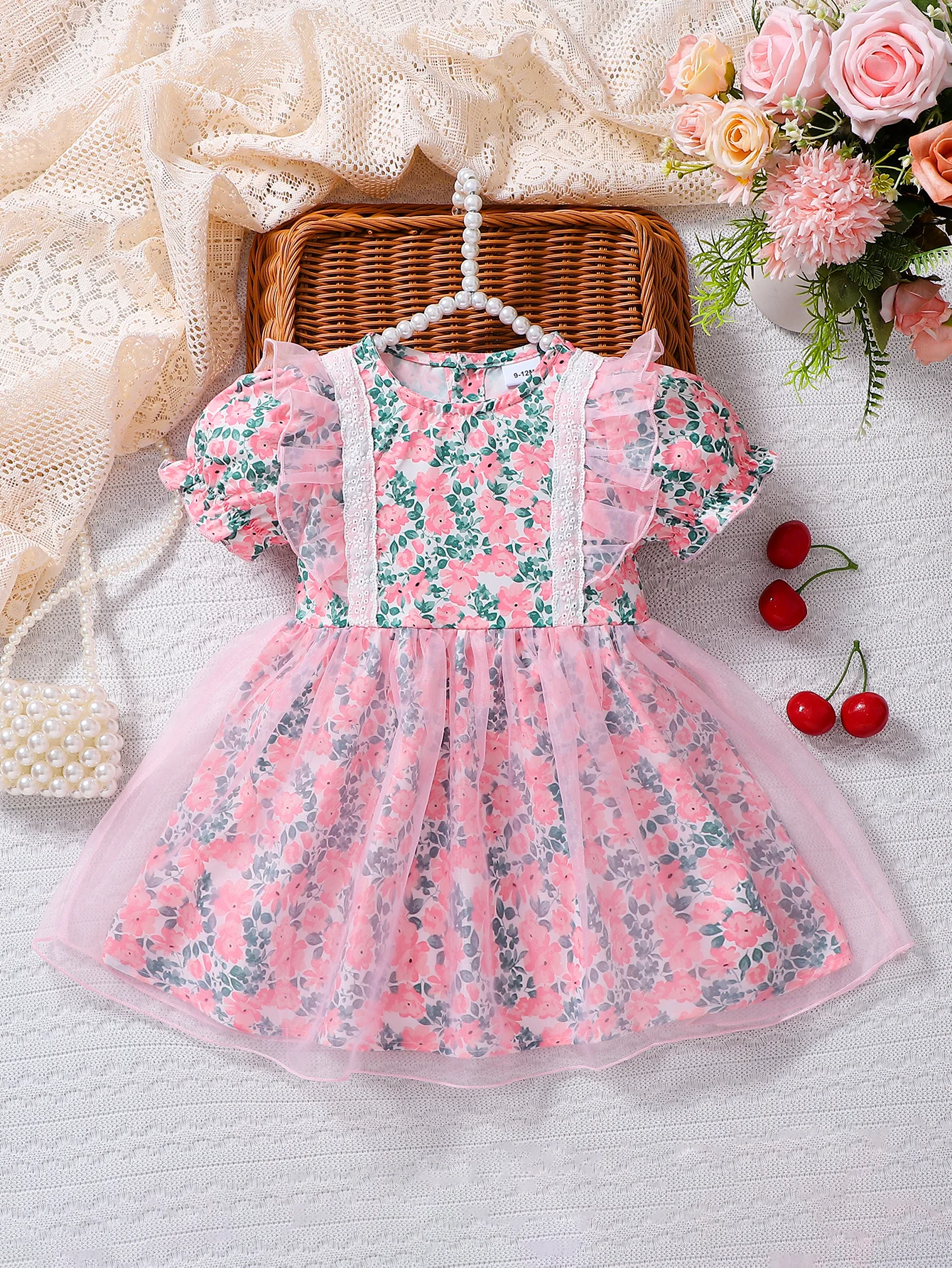 Summer Floral Mesh Princess Skirt for Girls Pink And Green Color Block Puffy Sleeve Fairy Tale Style Children's Party Dress