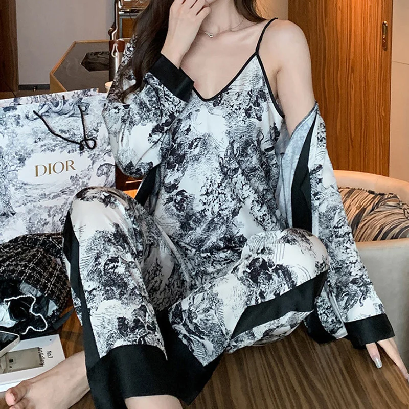 Women\'s Clothes Three-Piece Pajamas Spring and Fall Country Style Long-Sleeved Fashion Lace Elastic Homewear Suspenders Dress