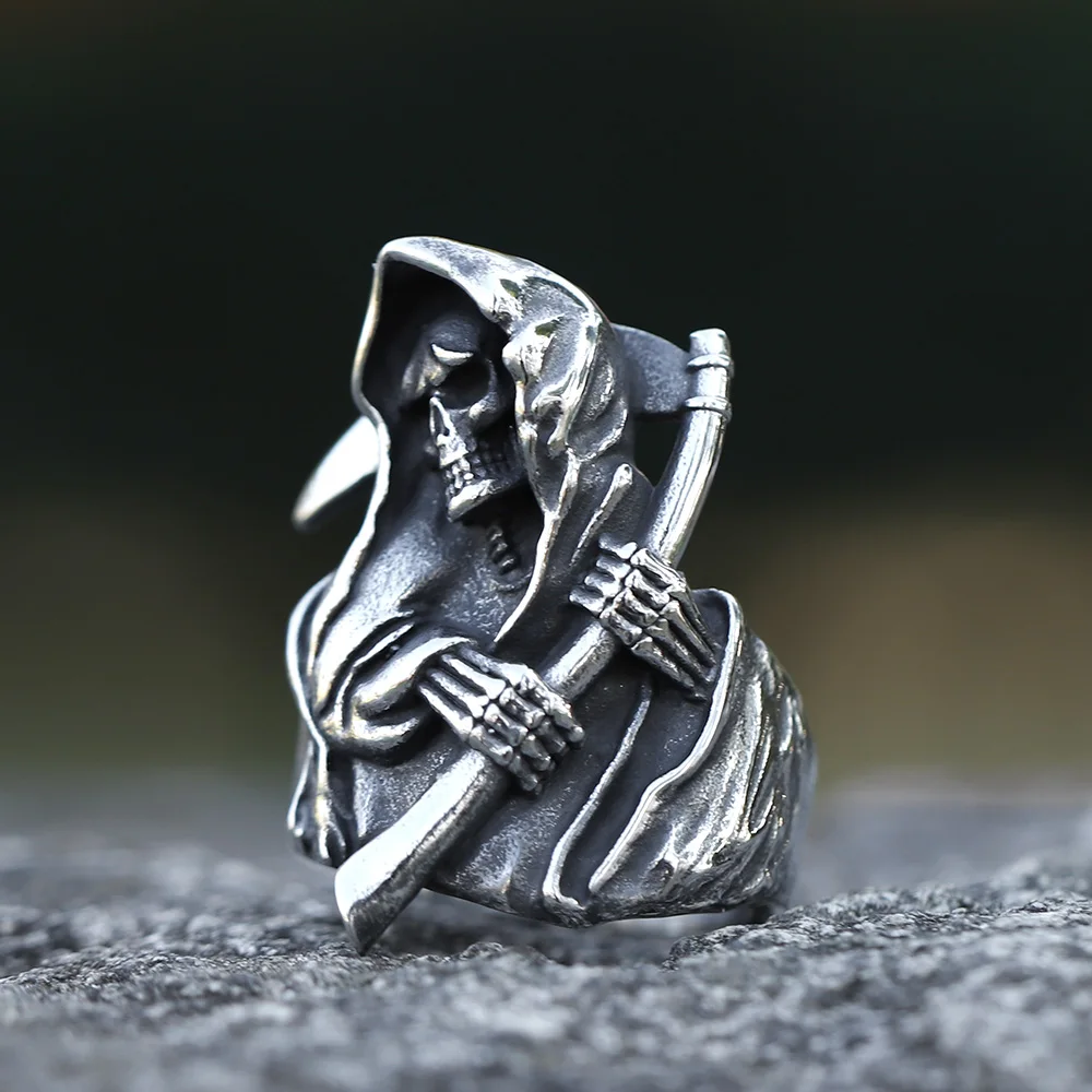 NEW Men\'s 316L stainless steel Sickle Calvarium Skull ring Gothic Biker PUNK Motorcycle Band Jewelry for Gifts free shipping