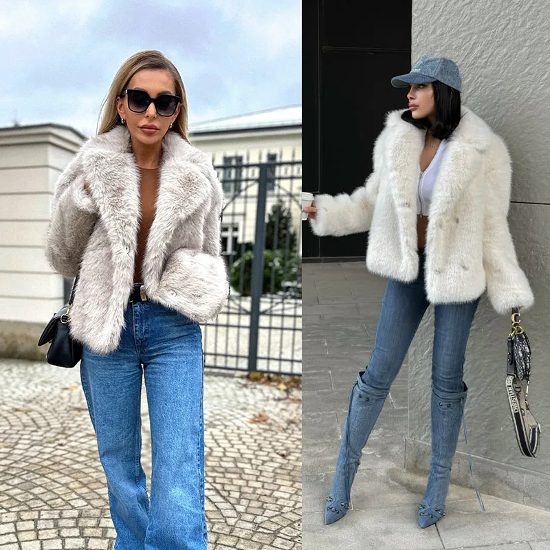 2025 여성용 인조 모피 숏 코트 긴 소매 라펠 솔리드 베이지 우아한 캐주얼 두꺼운 따뜻한 아우터웨어 트렌드