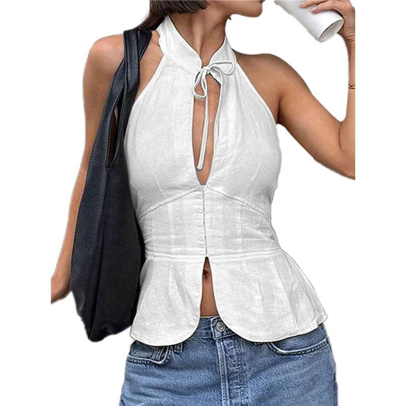 ASDS - Damskie letnie topy typu halter bez rękawów z wycięciem i kokardką na plecach, bluzka na wyjście