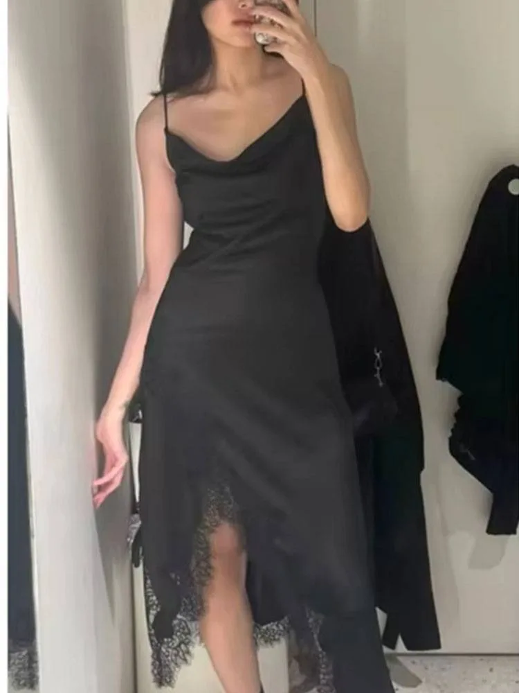 Frauen Satin Spitze Kleid Frühling Sommer Sexy Backless Elegante Fließende Hals frauen Langes Kleid Dame Asymmetrische Saum Kleider