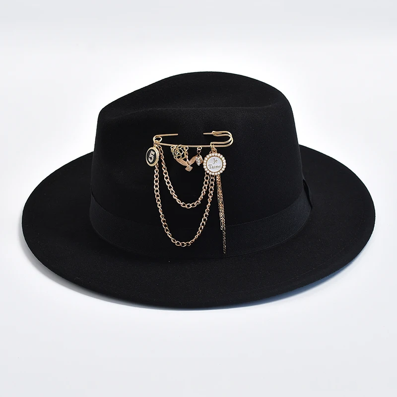 New Fedora Hats for Women Men  Metal Chain Decor Fashion Felt Jazz Hats Autumn Winter Party Formal Cap