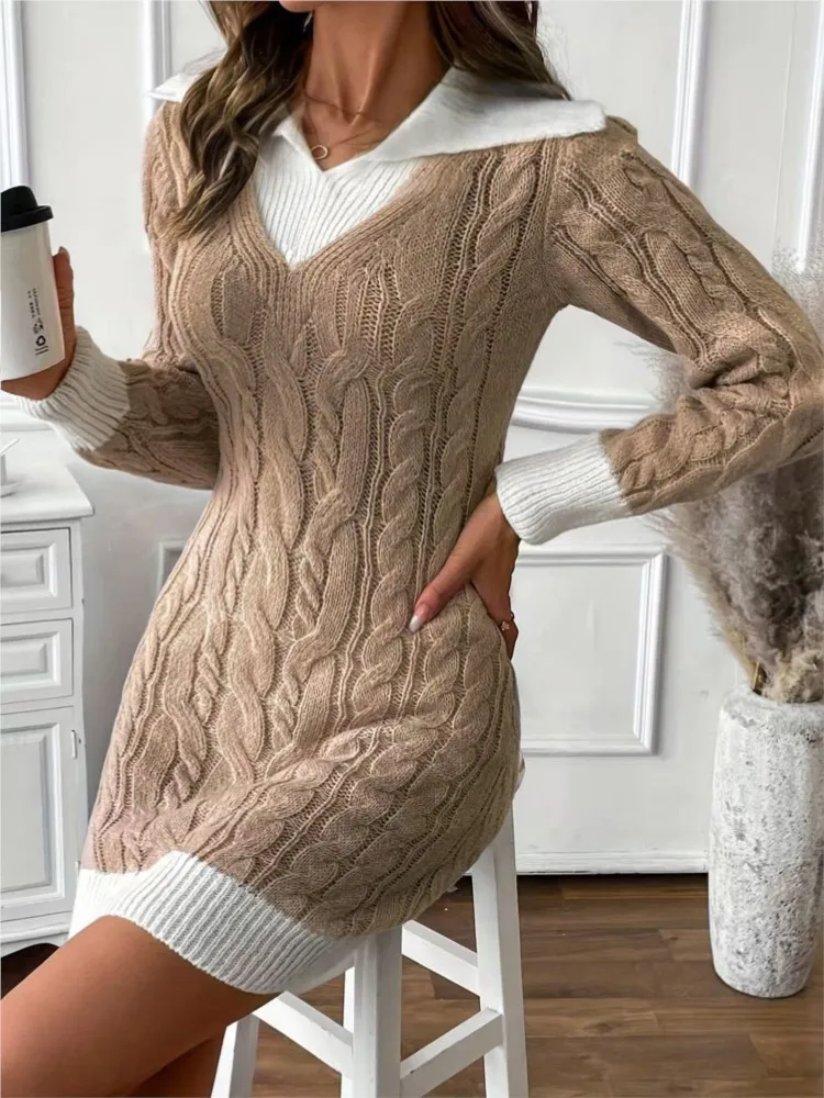 Women Fashion Twist Color-blocking Sweater Knitted Dress Autumn Winter Slim V Neck Hip Packing Elegant Female Office Mini Dress