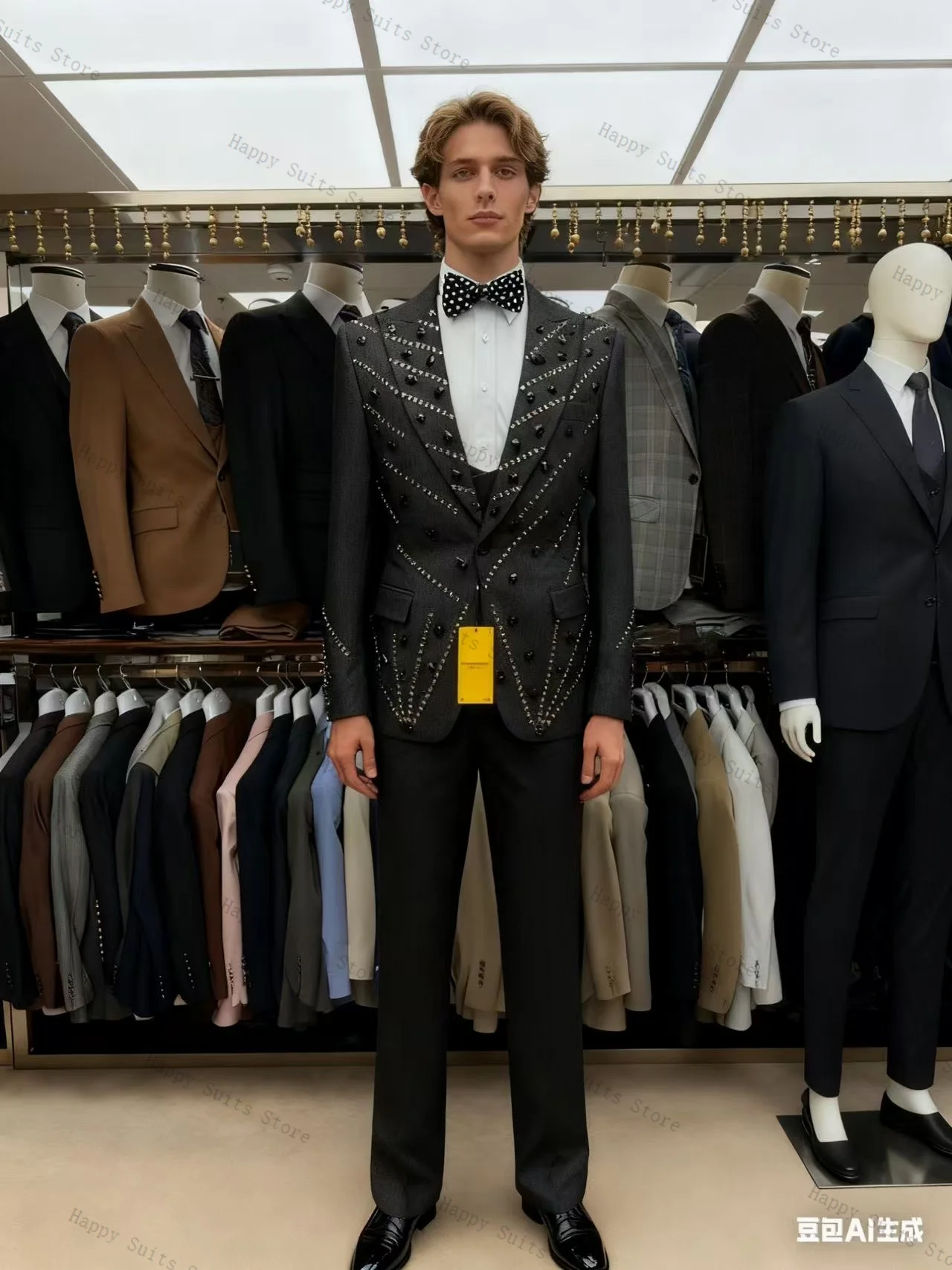 

Black Men Suit Set 2 Pcs Blazer+Pants Trousers Formal Office Coat Luxury Crystals Wedding Tuxedo Customized Jacket Outfit