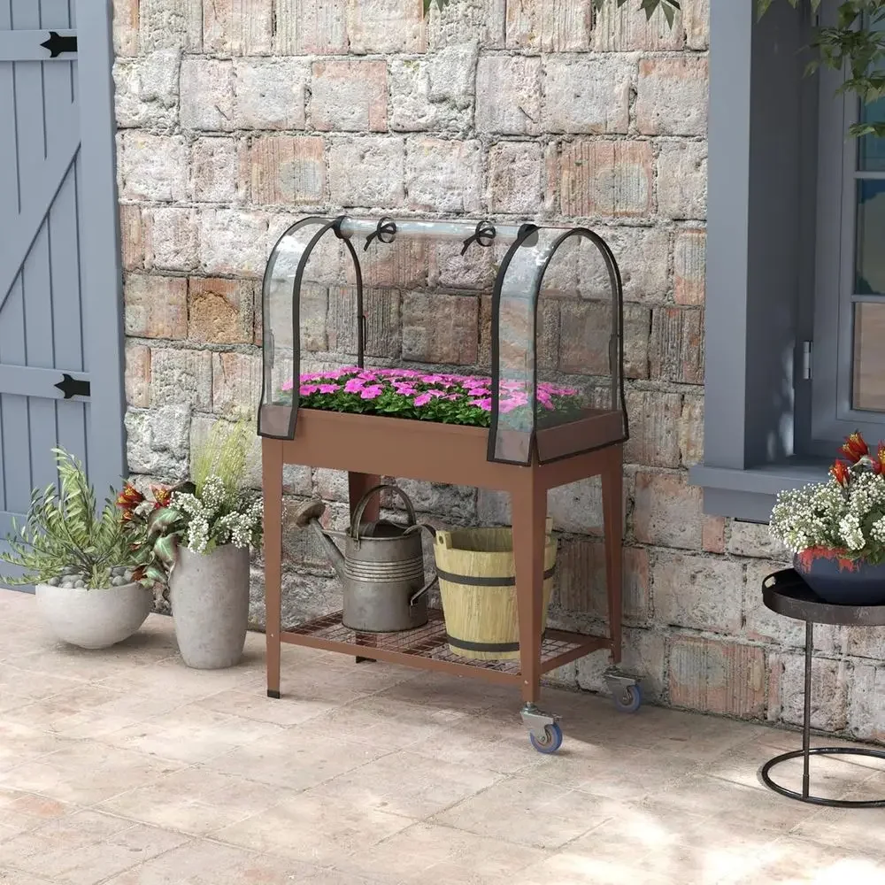 Large Metal Elevated Garden Bed with Greenhouse Cover, Lockable Wheels, Storage Shelf, Drainage for Outdoor Vegetables, Flowers,