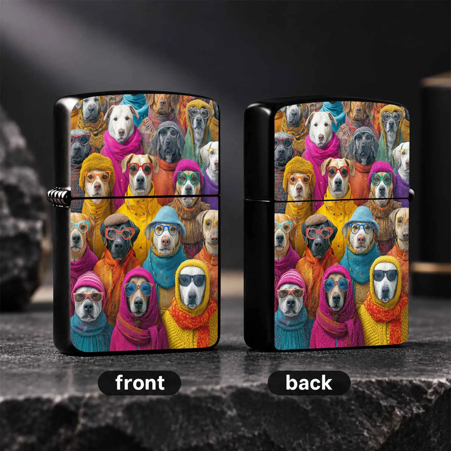 Fun Pet Group Portrait Lighter Full Print Cute Dogs Wearing Glasses and Warm Outfits Pattern Creative Stylish Portable Igniter Ideal for Daily Use Gifting Multi-scenario Practical Eye-catching Delicate Accessory A Humorous And Interesting