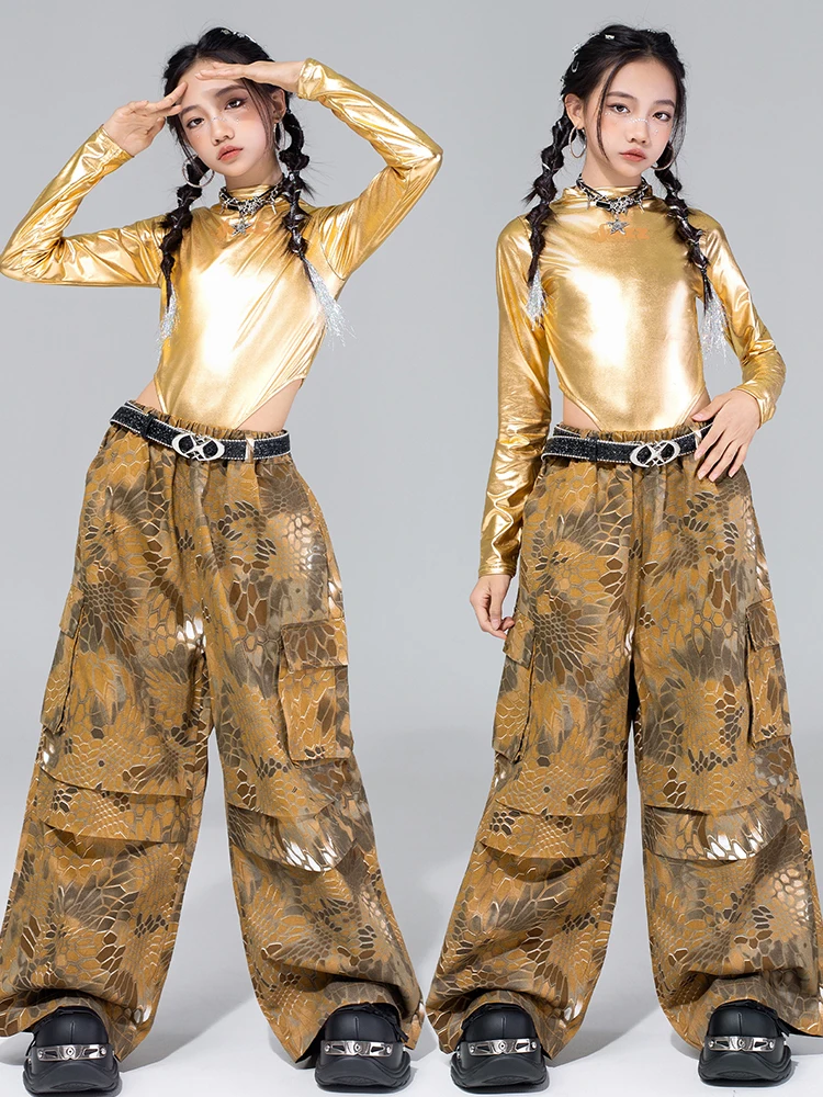 2025 roupa de jazz meninas kpop palco mostrar traje ouro dança desempenho outfit hip hop roupas de dança de rua criança moda calças 4588