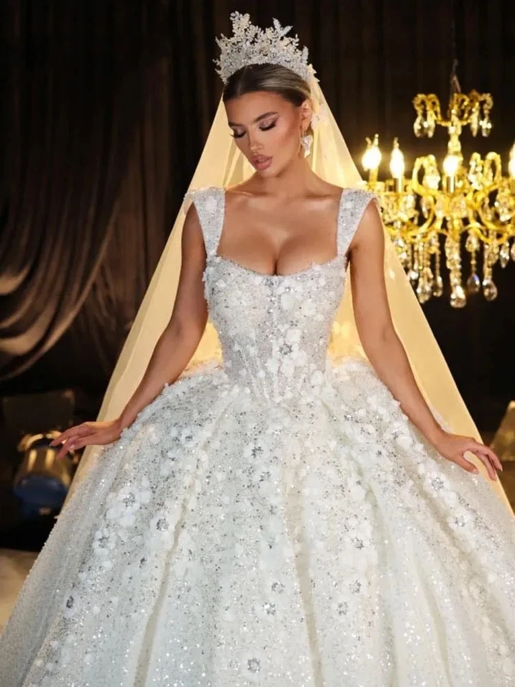 Luxurious Sparkling A-Line Lace Decal Puff Women's Wedding Dress Sexy Square Collar Ball Bridal Dress Vestido De NoviaCustomized