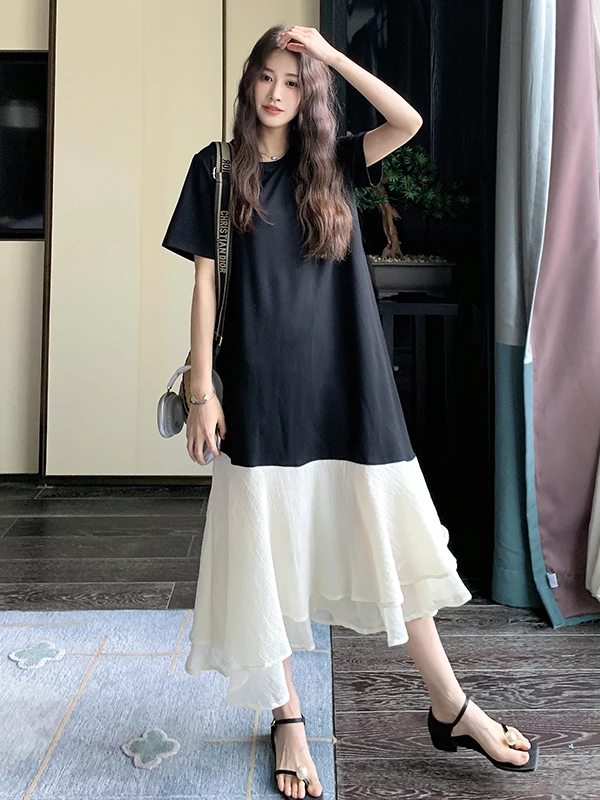 Bla épissage irrégulier Faion paresseux Sle femme Dr été nouveau t-shirt Dr ort Sve rond Ne jupe longue