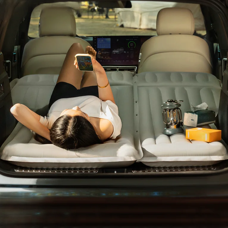 

Outdoor Camping Portable Pvc Flocking Inflatable Mattress With Removable Battery Built in Pump Suv Car Air Bed