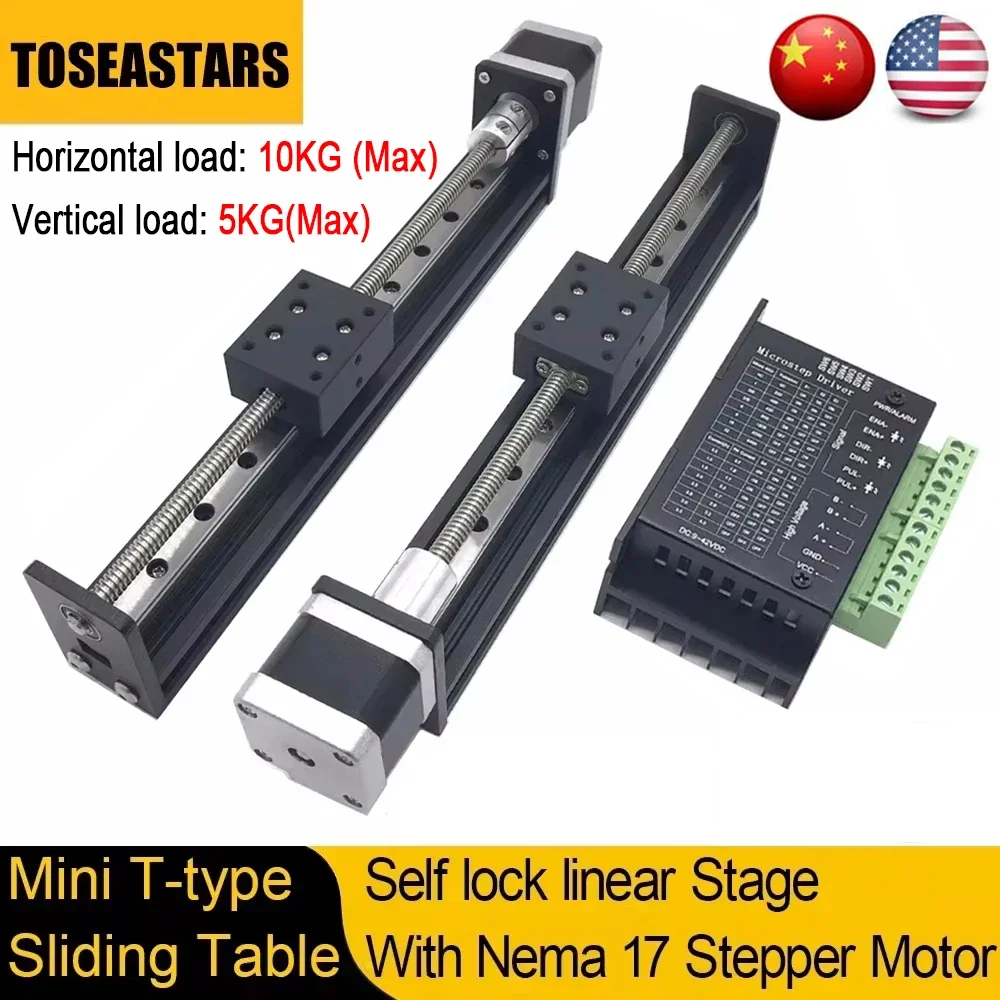 T-Type Slide Stage Linear Stage with Nema17 42mm Motor Drive Kit 50-300mm Effective Stroke Self Lock Linear Axis Max load 10KG