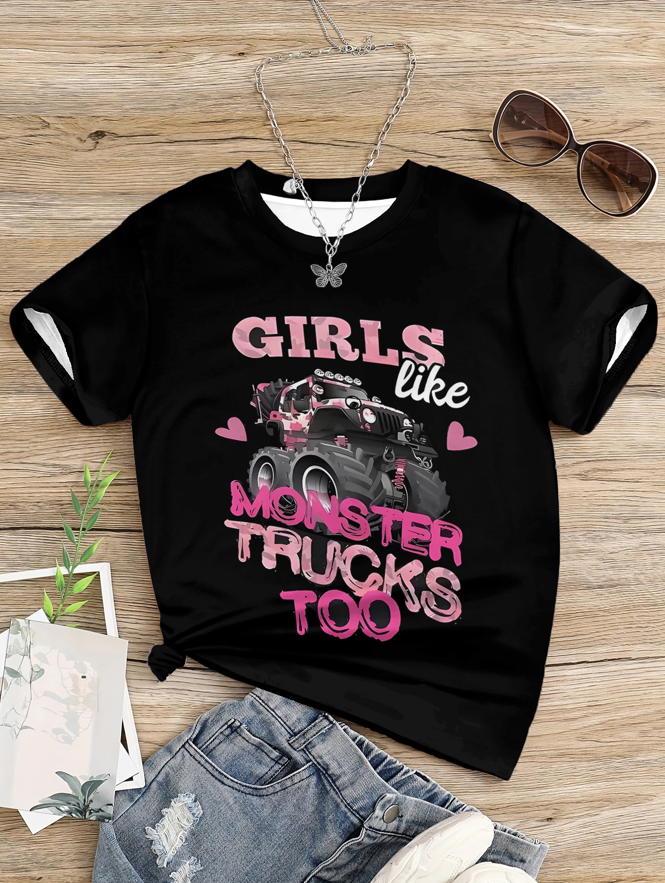 Kids T-shirts Children Clothes Girl T-shirt Girls Like Monster Truck Too for Girls 2024 Girl Summer Children's Clothing Top Teen