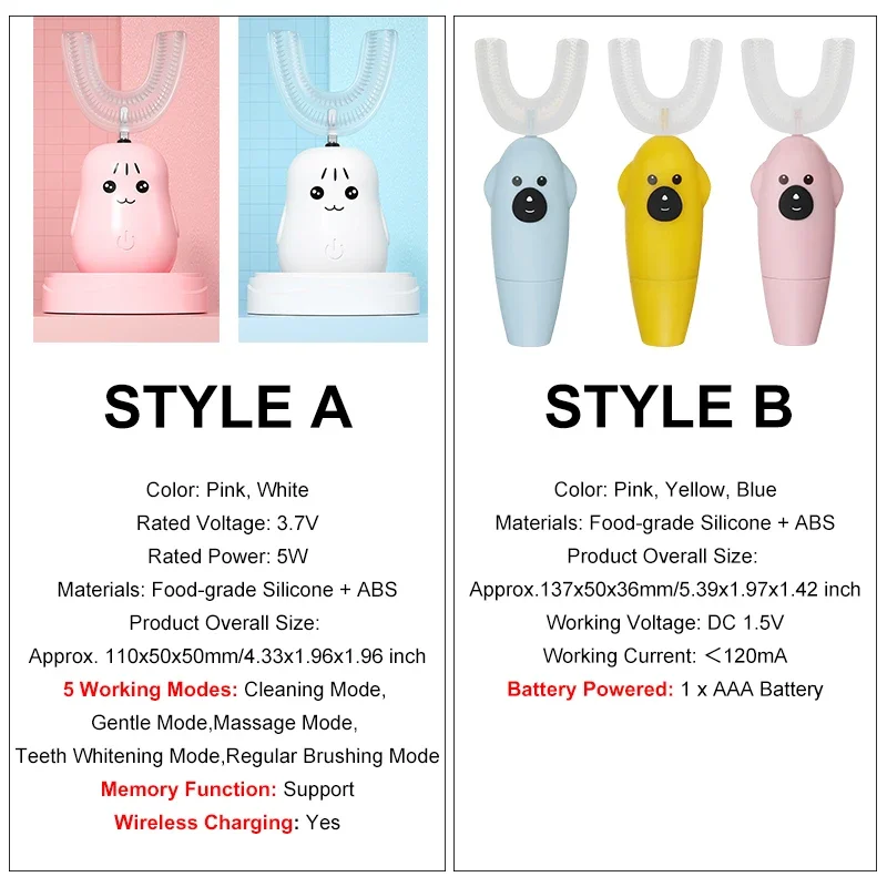 Spazzolino elettrico per bambini per bambini Smart 360 gradi di pulizia U silicone USB spazzolino da denti ad ultrasuoni automatico per denti