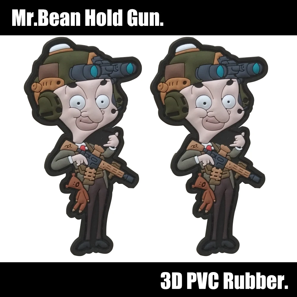 Soft Rubber Mr.Bean Tactical Suits Hold Gun Patch PVC Rubber 3D Waterproof Cartoons Design Label PVC Hook Backing Patch For Bag