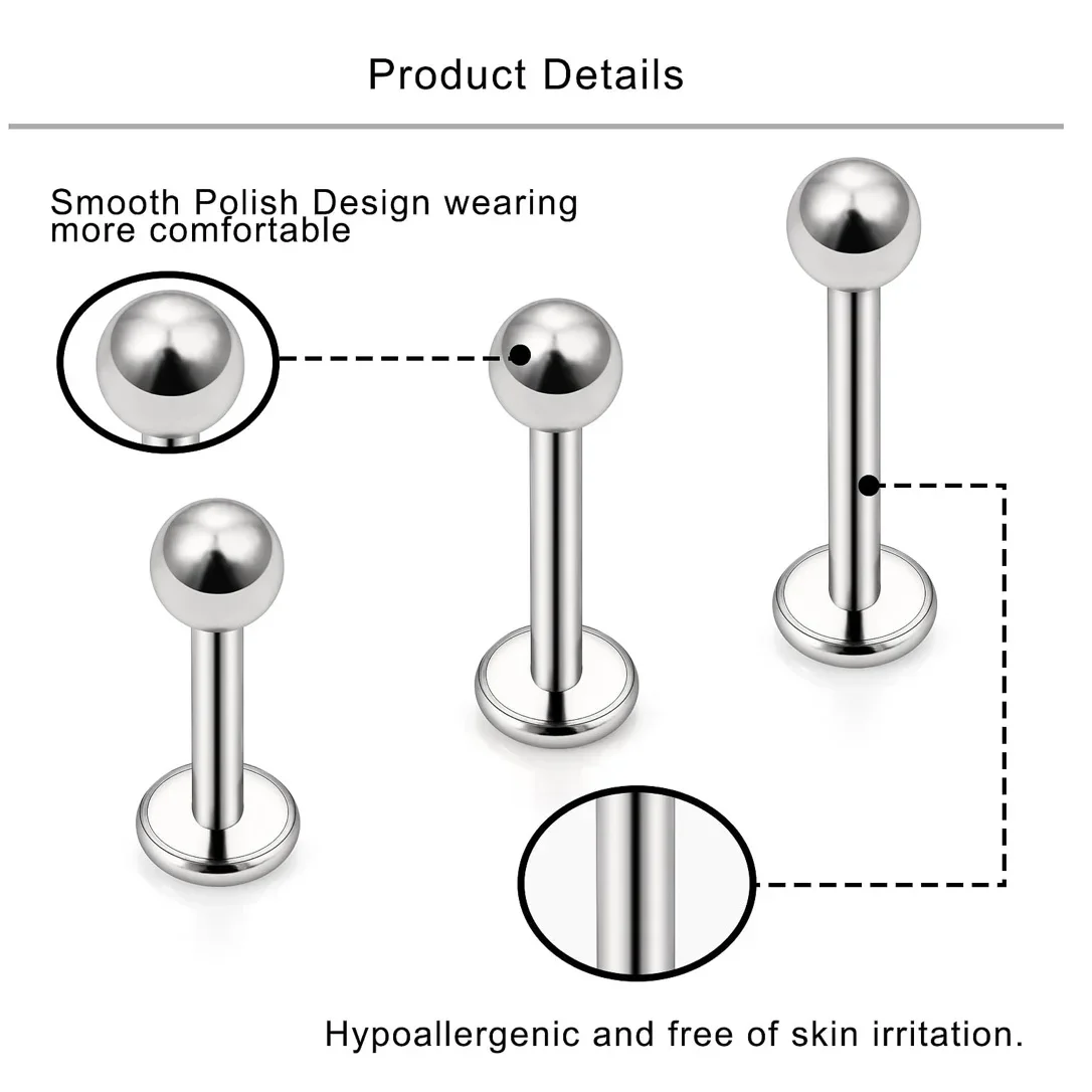 10pc ASTM-F136 Titanium Tragus Piercing 18G 16G 14G Labret Stud Lip Rings Piercing Oreja Cartilage Earring Labret Body Jewelry