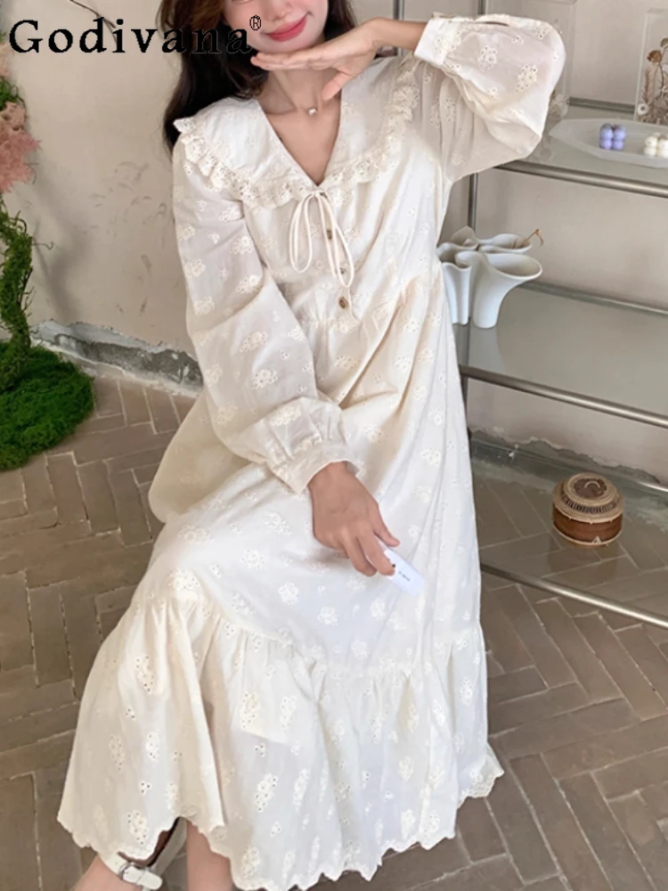 

Elegant French White Embroidery Sweet Peter Pan Collar Dress Girl Spring Autumn Ruffles High Waist A-line Long Japanese Dresses