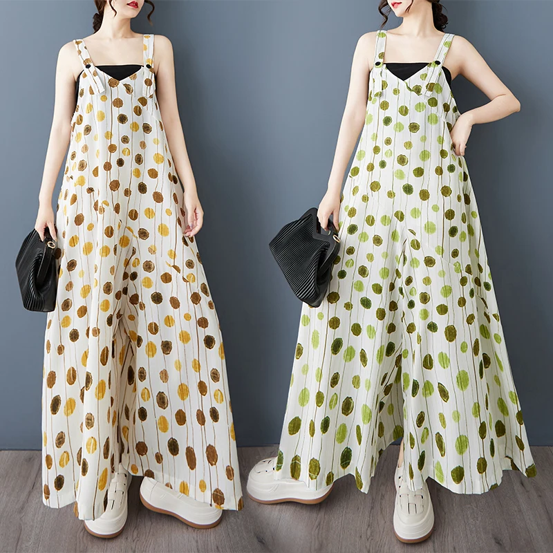 

Retro Polka Dot ter Wide Leg Pants Women Summer Loose Casual Lazy Sle V Ne Overall Thin High Waist Long Pants Skirt