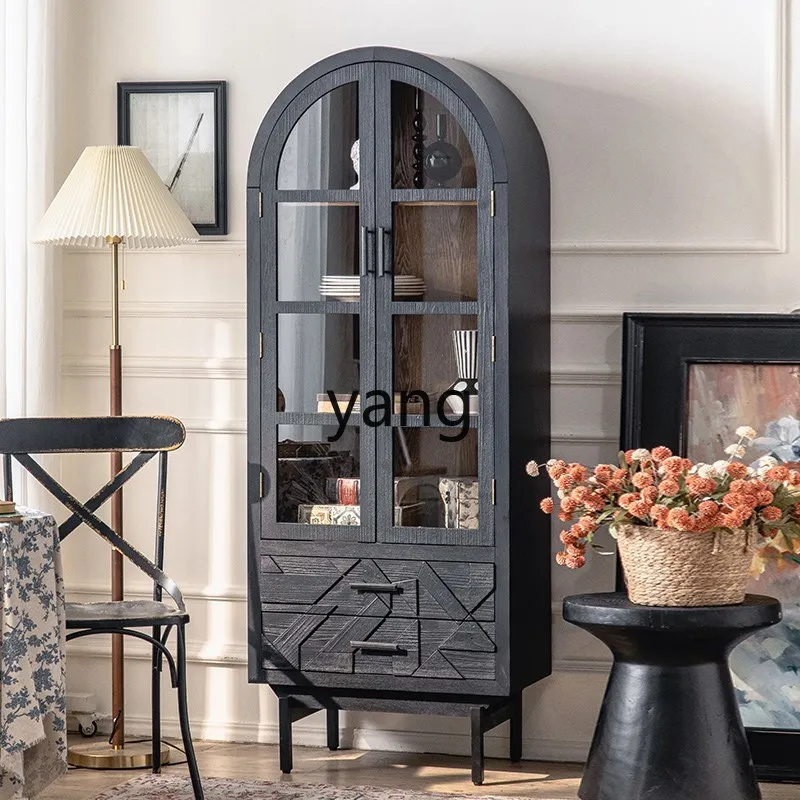 Yjq Vintage Bookcase with Glass Door Wall Solid Wood Two-Door Creative Black Floor Bookshelf Living Room Display Cabinet