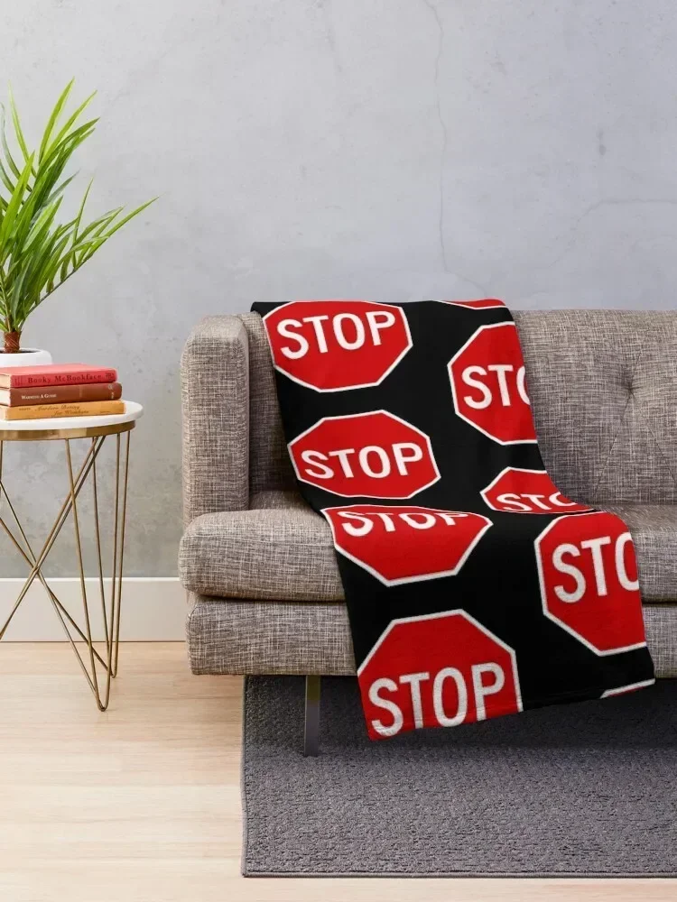 Red Stop Sign Illustration with Black Background Throw Blanket Hairys Luxury Brand Blankets