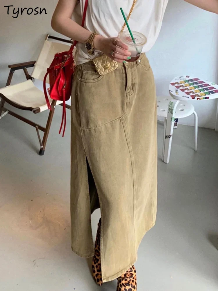 

Midi Skirts Women Denim Design Side Slit Fashion Simple Retro All-match Solid Spring Elegant High Waist Korean Style A-line Cozy